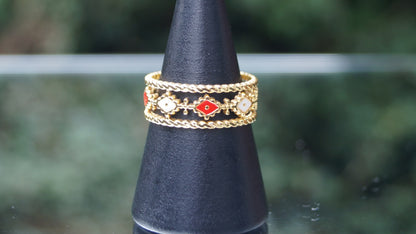 Red & White Diamond Pattern Gold Ring