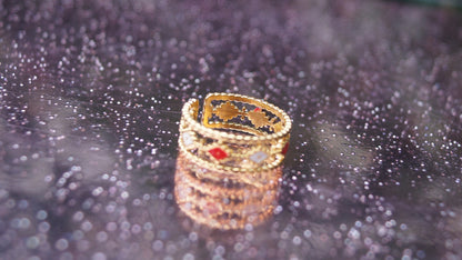 Red & White Diamond Pattern Gold Ring