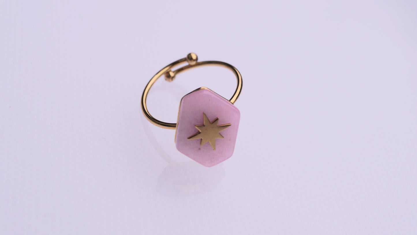 Hexagonal Pink Stone Gold Ring