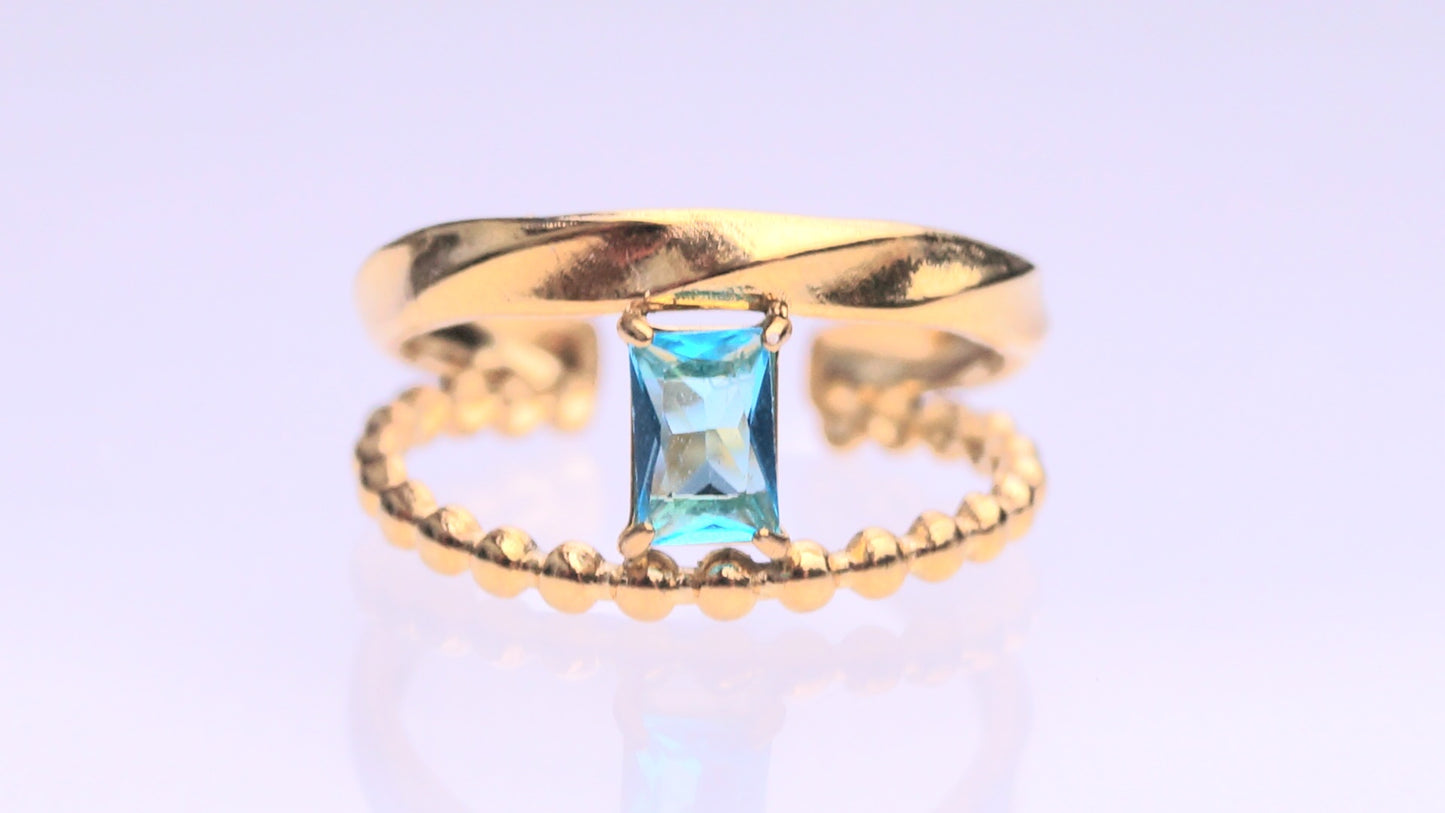 Dual Aqua Rectangular Gem Gold Ring