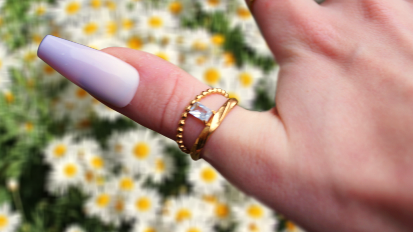 Dual Quartz Rectangular Gem Gold Ring